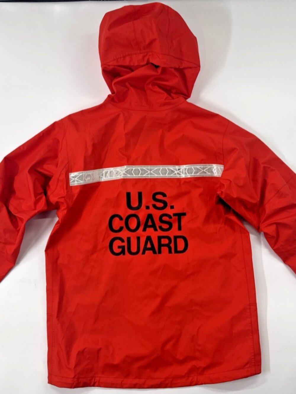 US Coast Guard Hooded Jacket Mens Small Orange Raintec Reflective Spell Out Logo